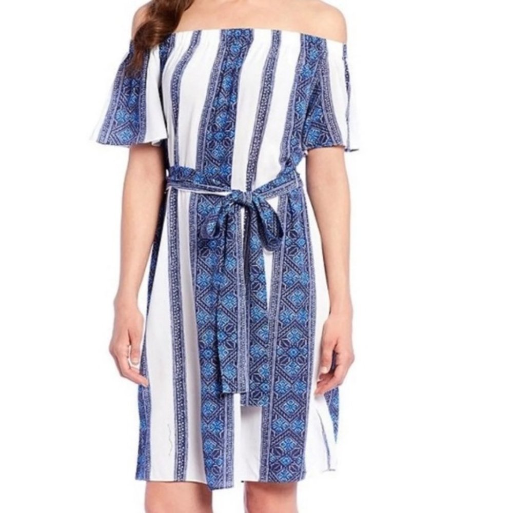S - Michael Kors Blue White Off the Shoulder Dress